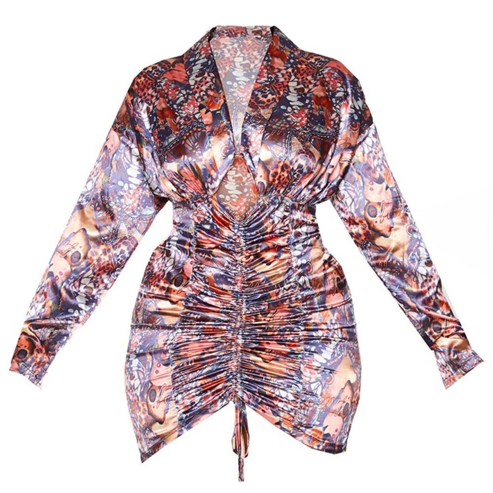 PrettyLittleThing Multicolor Plus Ruched Butterfly Printed Satin Cut Out Bodycon